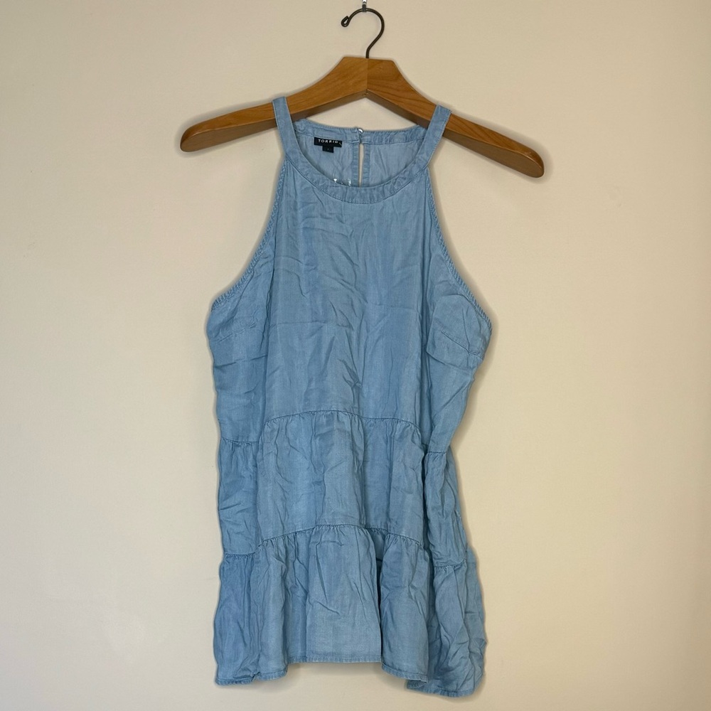 Torrid Tencel Halter Neck Tiered Sleeveless Blouse Denim Look